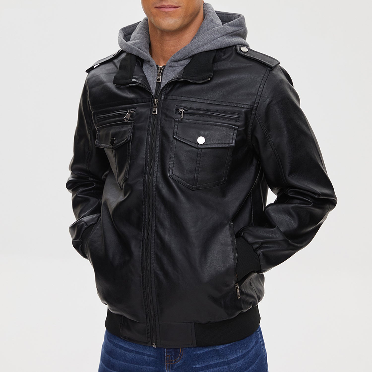 Men's PU Faux Leather Jacket Bomber Jacket with Removable Hood Motorcycle Jacket