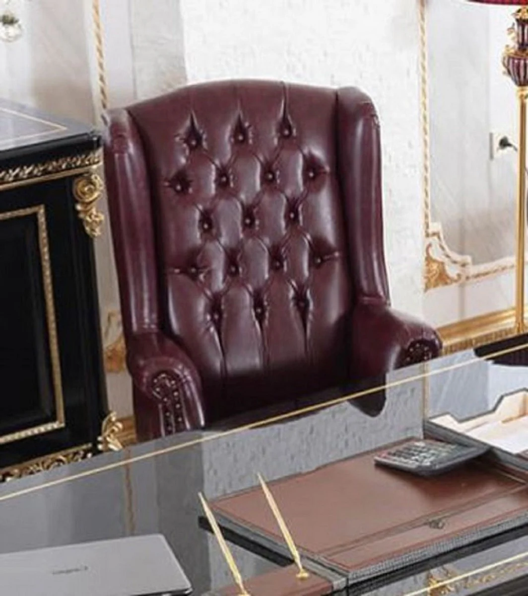 Casa Padrino silla de oficina de cuero barroco de lujo rojo burdeos / negro / oro - Silla de escritorio de cuero genuino ajustable en altura - Muebles de oficina de lujo estilo en barroco