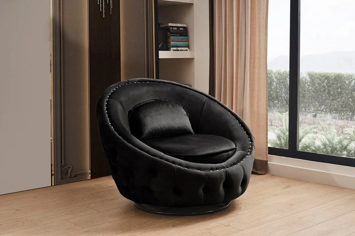 Casa Padrino sill¨®n giratorio Chesterfield de lujo negro ? 90 cm - Sill¨®n de Sal¨®n Moderno Chesterfield - Muebles de Sal¨®n Chesterfield de Lujo