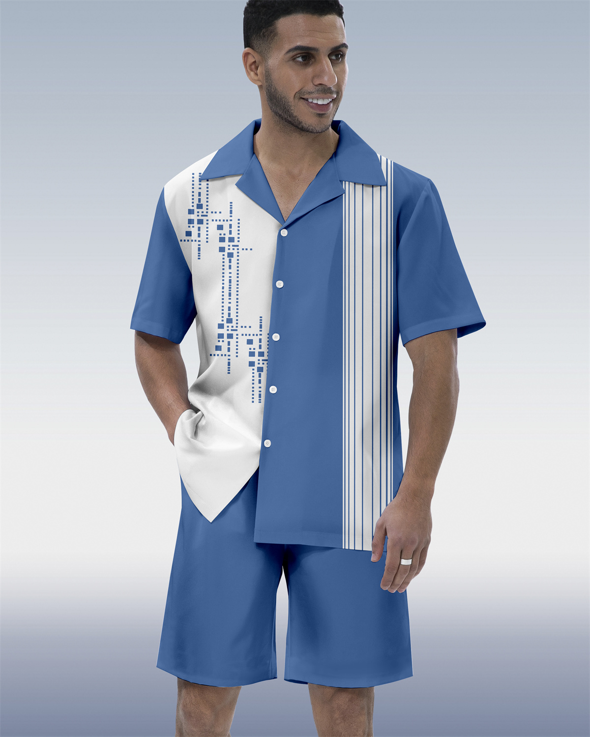 Men's Geometric Art Print Hawaiian Vacation Short Sleeve Suit 078