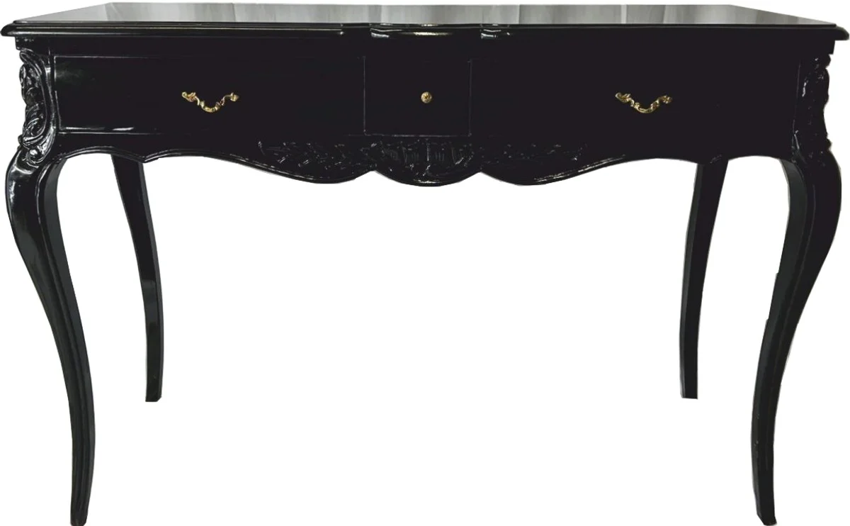 Casa Padrino secretario barroco con tapa de vidrio y 3 cajones negro / lat¨®n - Muebles de oficina barrocos