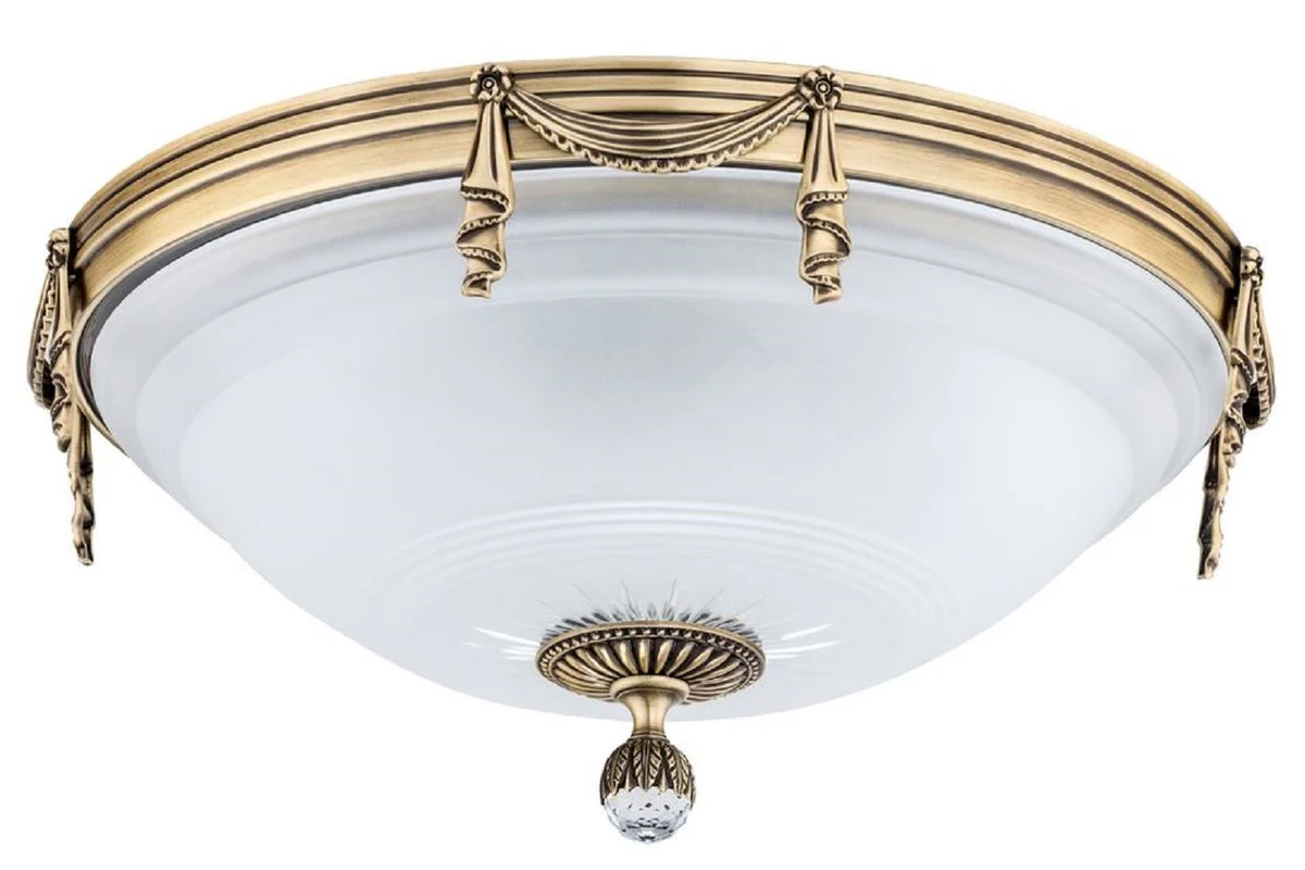 Casa Padrino lámpara de techo de cristal barroco de lujo latón patinado / blanco Ø 40 x A. 25 cm - Lámpara de techo redonda de salón de estilo barroco - Luces barrocos - Muebles barrocos