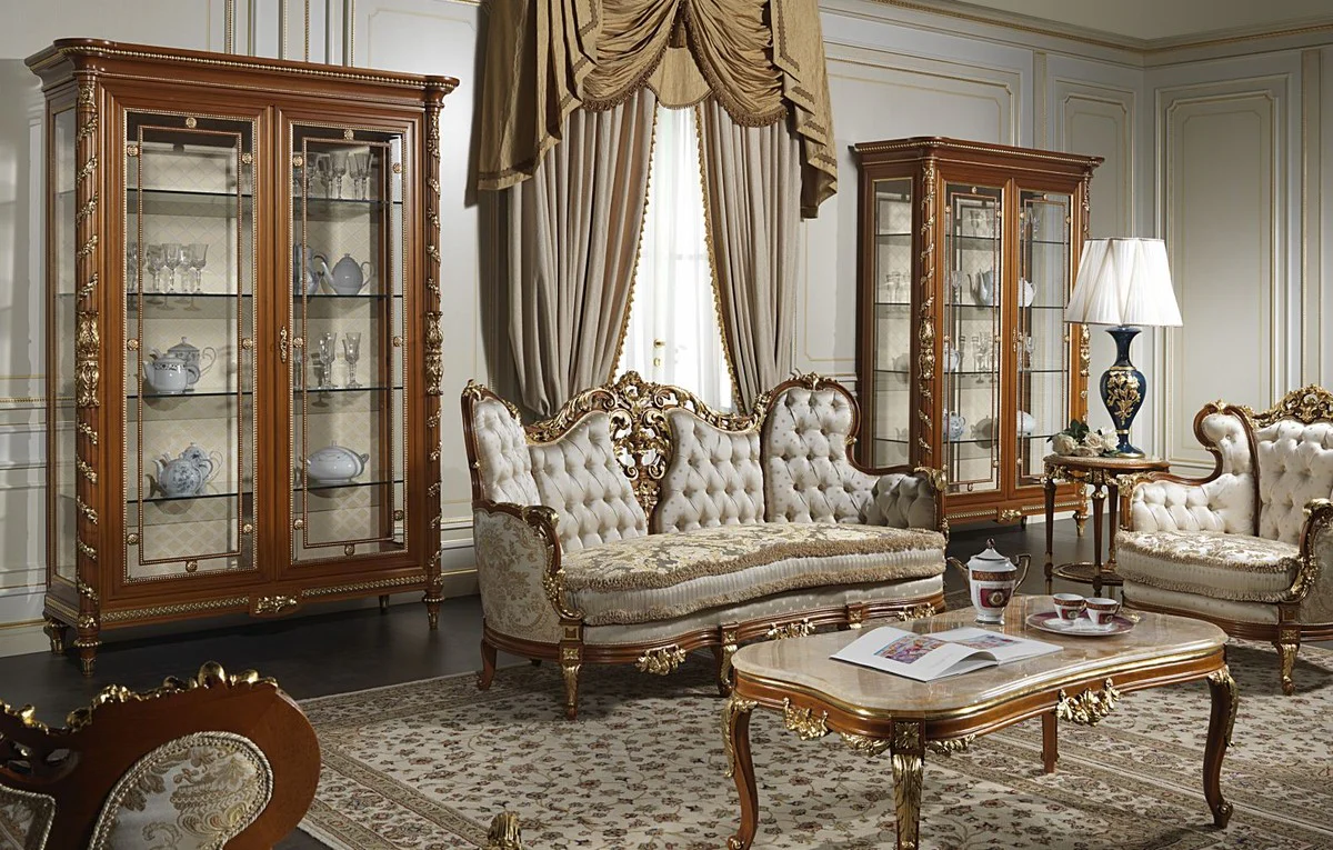 Casa Padrino sof¨¢ barroco de lujo crema / plata / marr¨®n / oro - Noble sof¨¢ de sal¨®n hecho a mano con patr¨®n elegante - Mobiliario de Hotel - Mobiliario de Castillo - Calidad de Lujo - Hecho en Italia