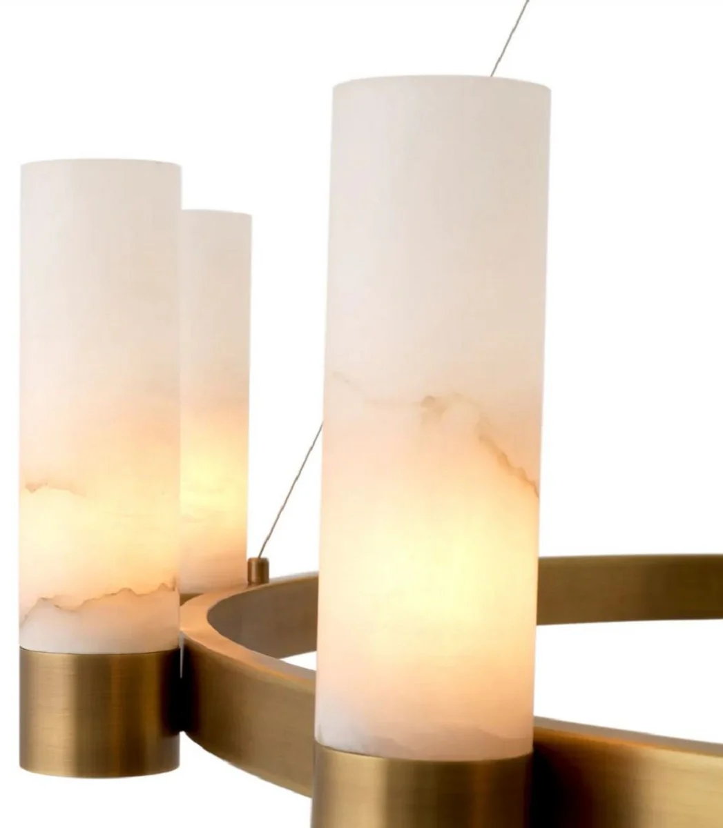 Casa Padrino lámpara de araña de lujo latón antiguo / alabastro Ø 136 x A. 30 cm - Lámpara de araña de salón redonda con pantallas de alabastro - Calidad de lujo