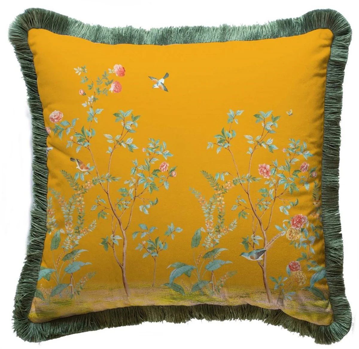 Casa Padrino cojín decorativa de lujo arbustos con flores y pájaros amarillo / multicolor / verde 45 x 45 cm - Almohada de terciopelo estampado con flecos - Accesorios decorativos de lujo