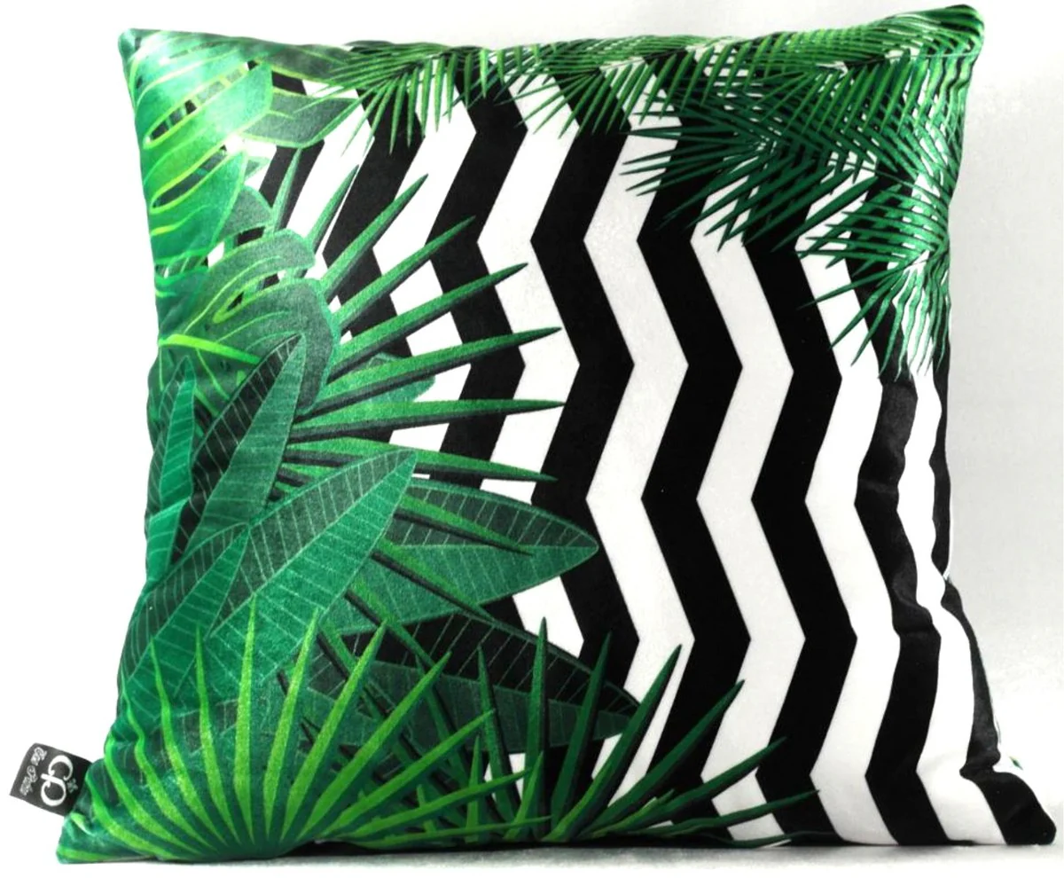 Casa Padrino Almohada de Lujo Orlando Hojas de Palmera Negro / Blanco / Verde 45 x 45 cm - Tejido de Terciopelo Más Fino - Almohada Decorativo de la Sala
