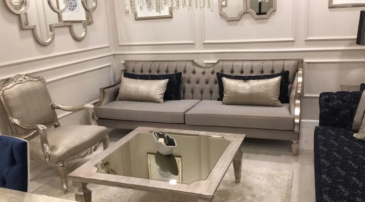 Casa Padrino sof¨¢ barroco de lujo gris / plata antigua - Sof¨¢ de sal¨®n hecho a mano - Muebles de sal¨®n barrocos - Noble y Magn¨ªfico