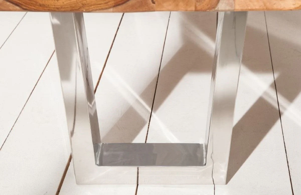 Casa Padrino banco de diseño marrón / plata 180 x 45 x H. 45 cm - Banco de Lujo con Madera Maciza de Sheesham y Patas de Acero Inoxidable Pulidas