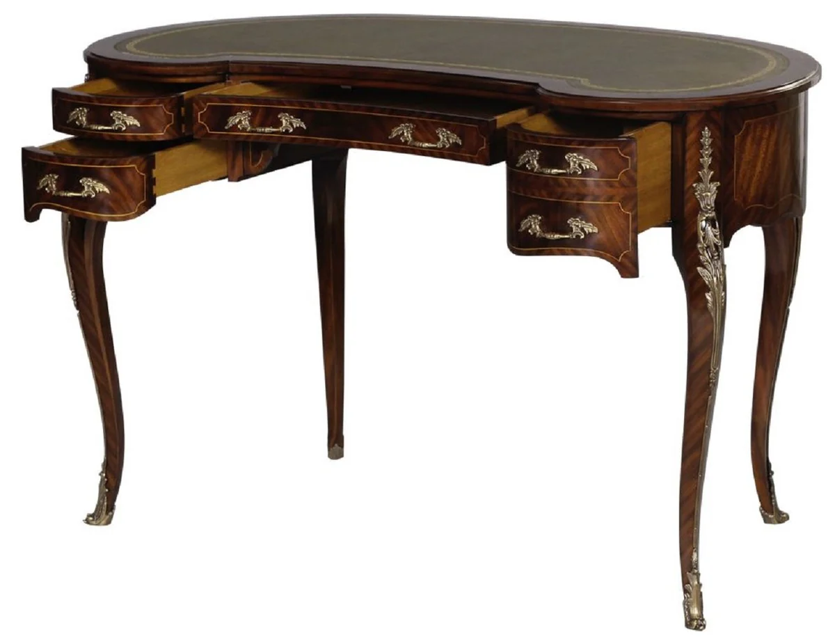 Casa Padrino escritorio barroco de lujo marr¨®n oscuro / plata / gris / oro - Escritorio de caoba hecho a mano con 5 cajones - Mobiliario de oficina barroco noble