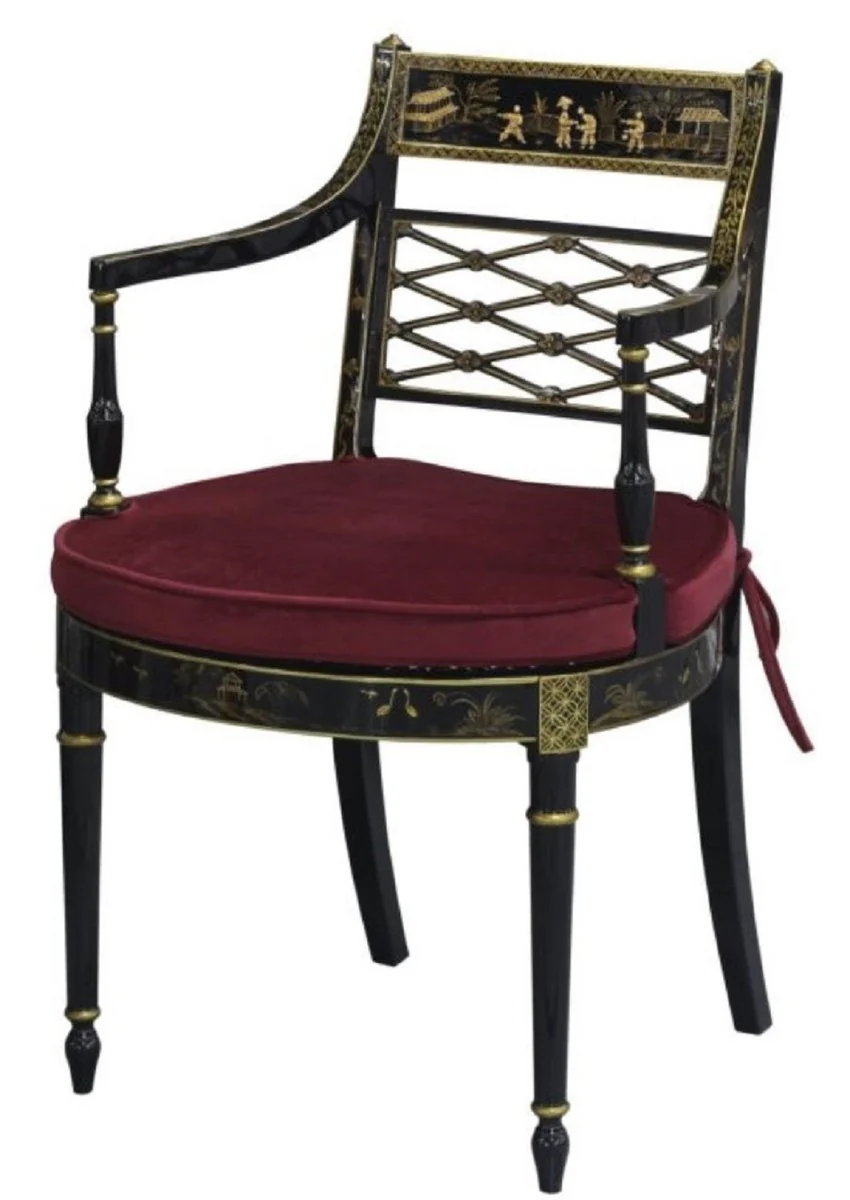 Casa Padrino silla de comedor barroco de lujo con reposabrazos negro / oro / rojo burdeos 57 x 58 x H. 90 cm - Muebles de Comedor