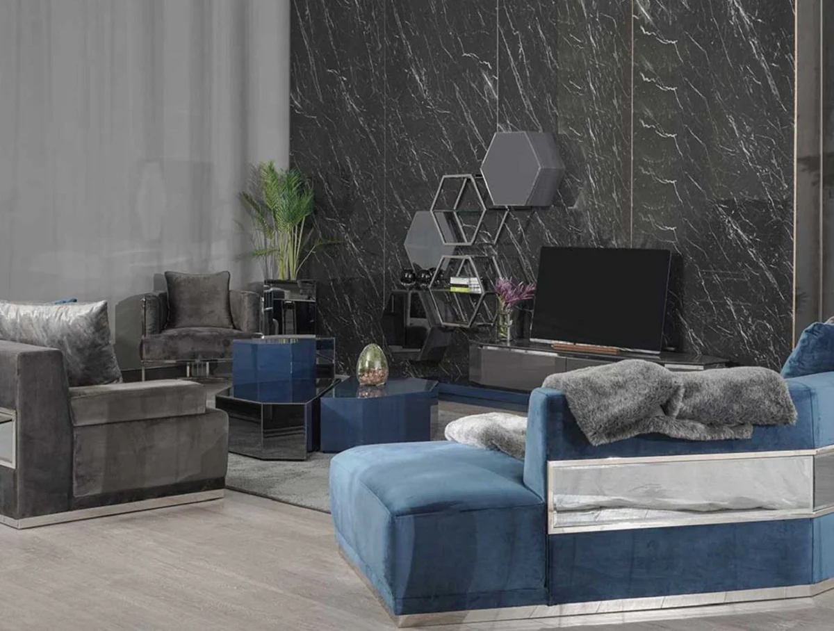 Casa Padrino sof¨¢ de lujo azul / plata 480 x 100 x A. 70 cm - Sof¨¢ de sal¨®n curvo - Sof¨¢ de hotel - Muebles de sal¨®n - Muebles de hotel - Muebles de lujo - Interiores de lujo