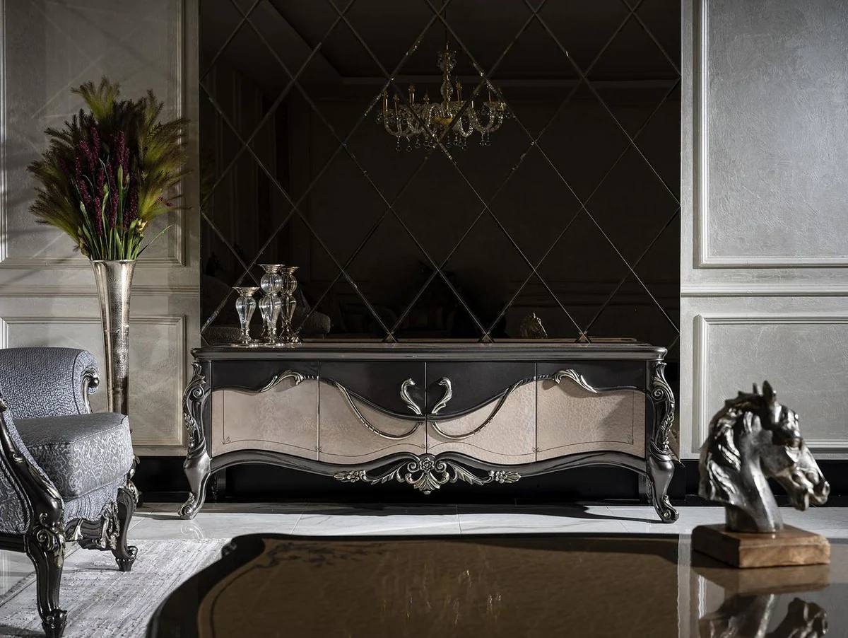 Casa Padrino armario de TV barroco de lujo gris oscuro / beige / oro - Magnífico aparador de salón con 4 puertas - Muebles de salón barrocos