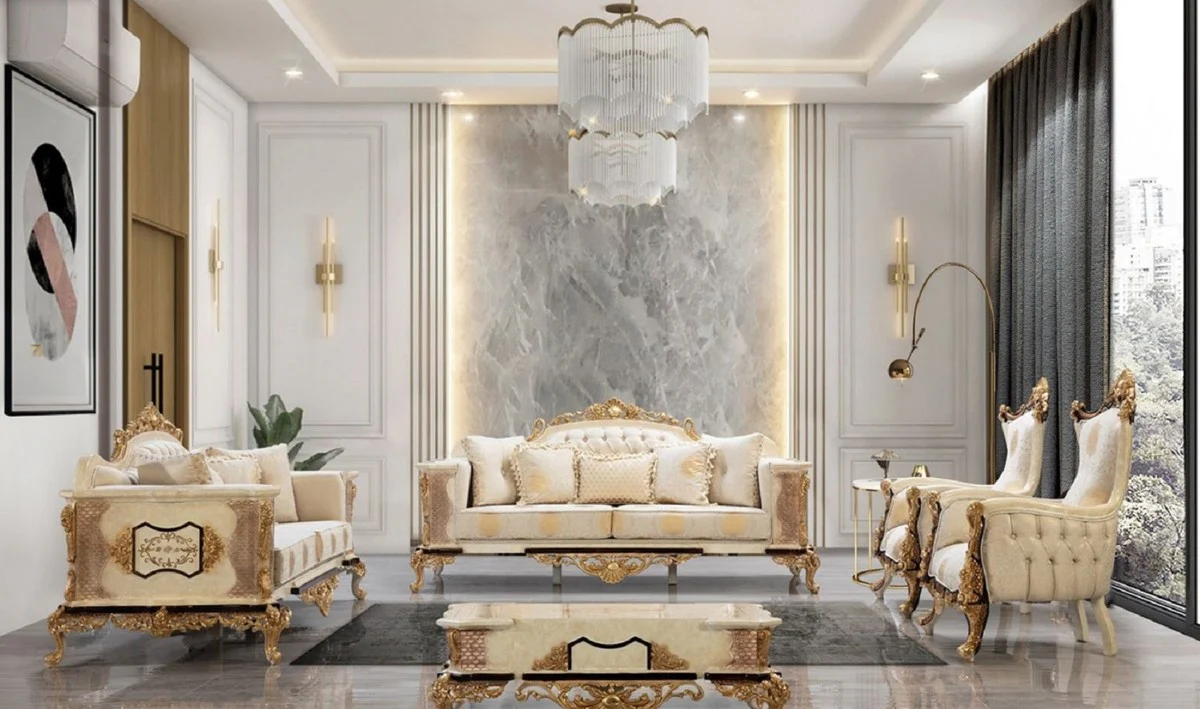 Casa Padrino mesa de centro barroco de lujo crema / beige / negro / oro - Magn¨ªfica mesa de sal¨®n de estilo barroco - Muebles de sal¨®n estilo barroco - Muebles de lujo estilo barroco