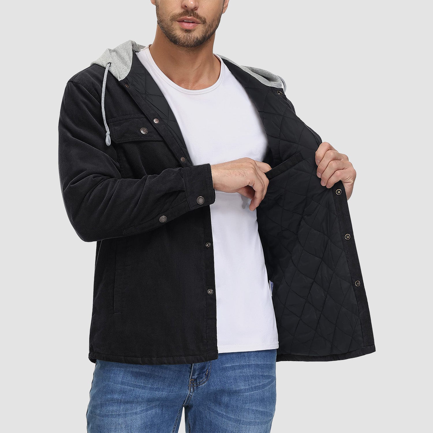 Men's Corduroy Jacket Hoodies Quilted Lined Button-Down Casual Shirt Jacket Warm Winter Coat with 5 Pockets