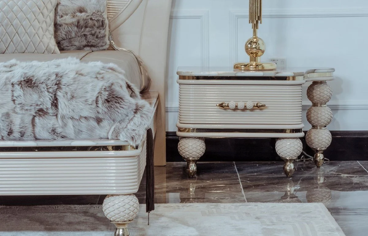 Casa Padrino conjunto de mesitas de noche Art Deco de lujo gris / blanco / oro 75 x 50 x A. 48 cm - Magníficas mesitas de noche de madera maciza - Muebles de Dormitorio y Hotel Art Deco