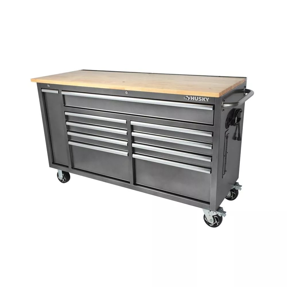 61 IN. W 10-DRAWER, DEEP TOOL CHEST MOBILE WORKBENCH IN METALLIC SILVER WITH SLIDING VERTICAL BIN STORAGE DRAWER