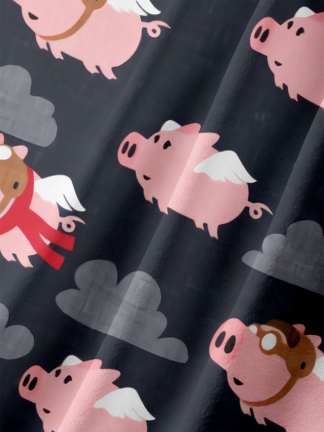 Fun Flying Pig Chest Pocket Short Sleeve Casual Shirt