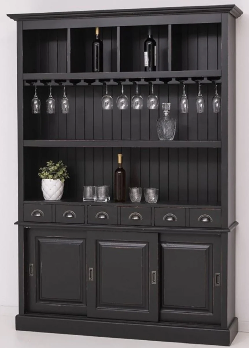 Casa Padrino armario de bar de madera maciza de estilo campestre negro antiguo 151 x 36 x A. 210 cm - Gabinete de vino de madera maciza estilo campestre - Mueble bar de estilo campestre
