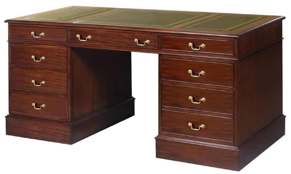 Casa Padrino escritorio de caoba de lujo marr¨®n oscuro / verde / oro 140 x 70 x A. 78 cm - Mesa de oficina de estilo ingl¨¦s - Muebles de oficina de lujo