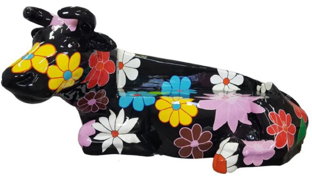 Casa Padrino banco de diseño vaca con diseño floral negro / multicolor 200 x A. 98 cm - Banco de jardín de vaca escultura resistente a la intemperie - Accesorios de decoración de jardín y terraza