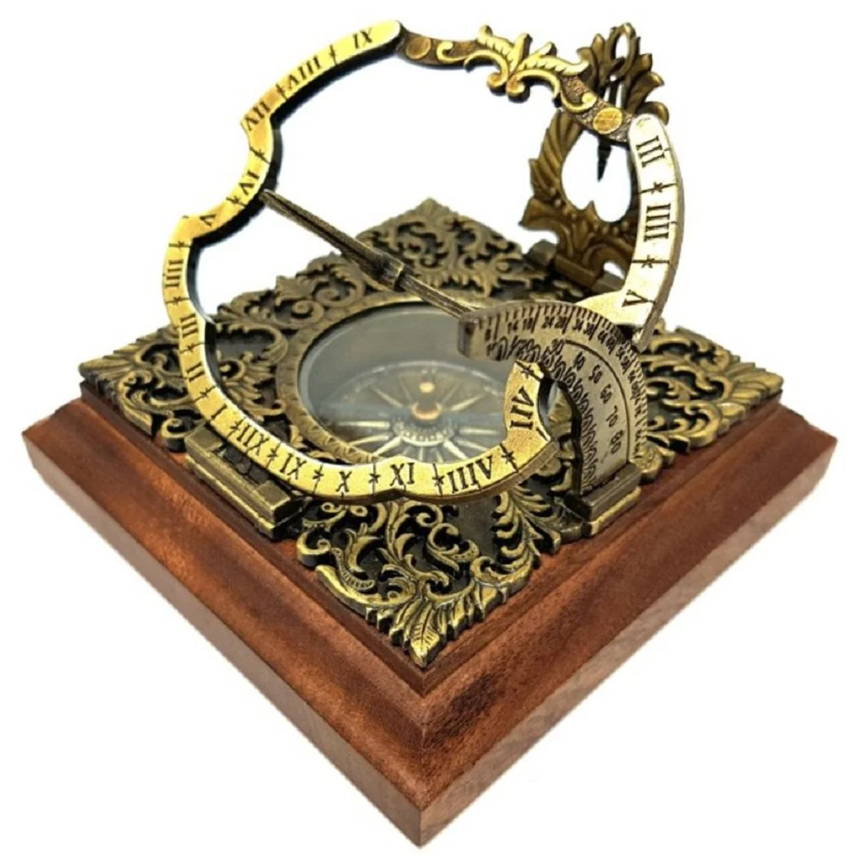 Casa Padrino reloj de sol de estilo antiguo de lujo oro / marrón 10 x 10 x A. 10 cm - Reloj de sol de mesa de latón con base de madera - Accesorios decorativos de estilo antiguo de lujo