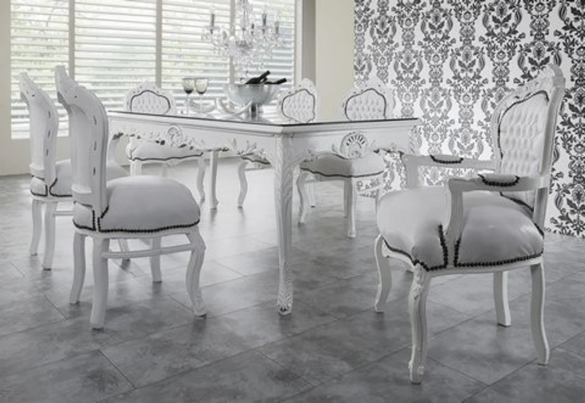 Casa Padrino barroco cena conjunto blanco / blanco - mesa de comedor de 180 cm + 6 sillas