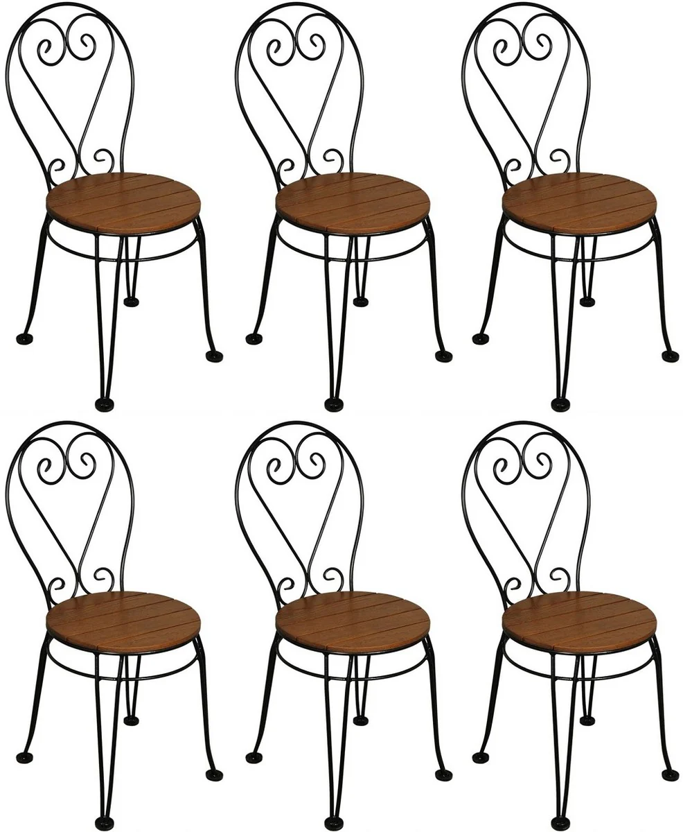 Casa Padrino conjunto de 6 sillas de jardín Art Nouveau marrón / negro 40 x 40 x A. 92 cm - Elegantes sillas de hierro forjado con asiento de madera maciza - Muebles de Jardín y Catering