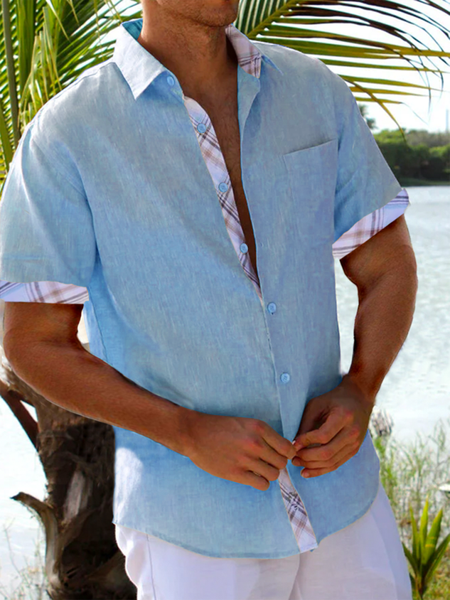 Plaid Panel Short Sleeve Casual Shirt