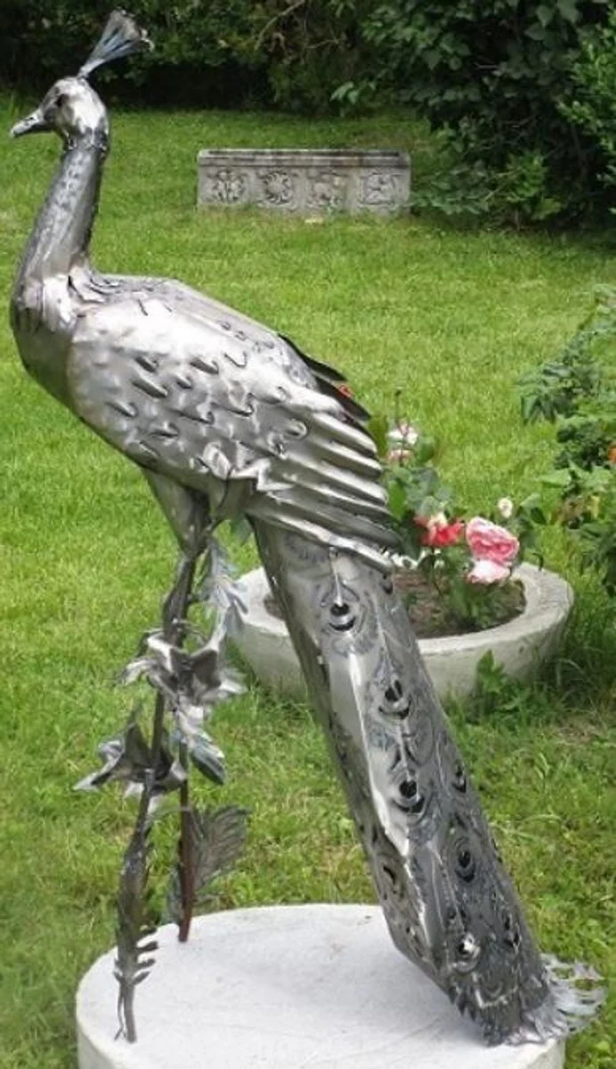 Casa Padrino escultura de decoración de jardín pavo real plata 50 x 75 x A. 118 cm - Elegante figura de decoración de jardín de acero inoxidable - Figura de jardín resistente a la intemperie