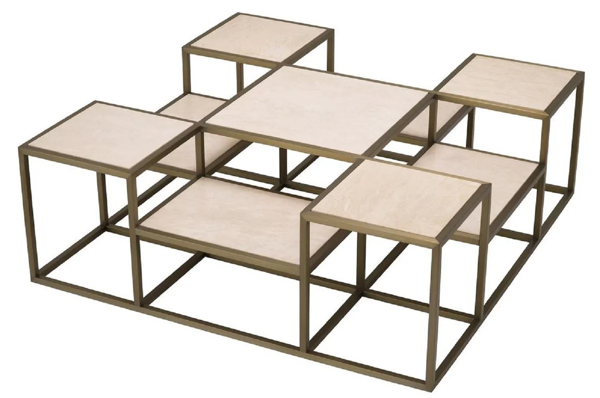 Casa Padrino mesa de centro de lujo lat¨®n / beige 120 x 120 x A. 41,5 cm - Mesa de sal¨®n cuadrada de acero inoxidable con tableros de travertino - Muebles de sal¨®n - Muebles de lujo