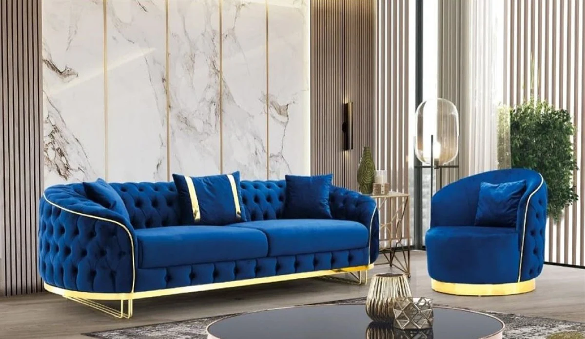 Casa Padrino sill¨®n Chesterfield de lujo azul / oro 90 x 95 x A. 75 cm - Sill¨®n de sal¨®n moderno - Muebles de Sal¨®n Chesterfield