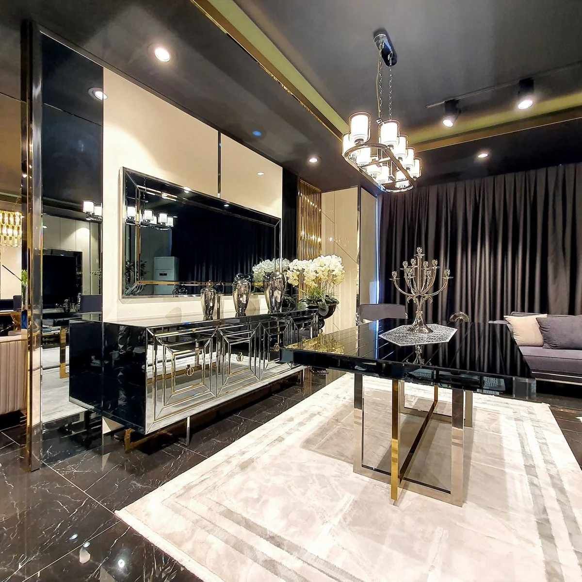 Casa Padrino mesa de comedor de lujo plata / oro 200 x 100 x A. 77 cm - Mesa de cocina con espejo - Muebles de comedor de lujo con espejo