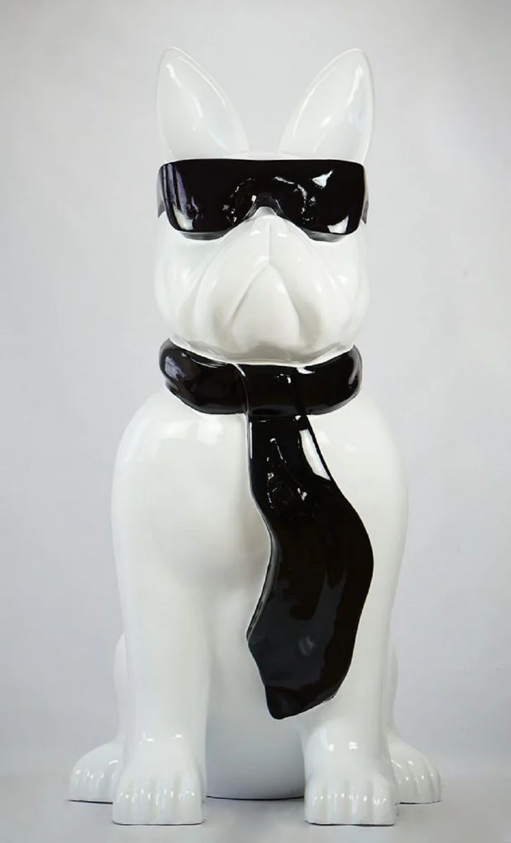 Casa Padrino escultura decorativa XXL de lujo perro bulldog con gafas y corbata blanco / negro A. 196 cm - Enorme escultura de jardín - Enorme figura de jardín - Esculturas Decorativas XXL