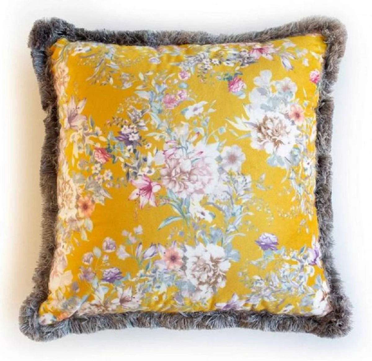 Casa Padrino almohada decorativa de lujo diseño flores amarillo / multicolor / gris 45 x 45 cm - Almohada de terciopelo estampada con flecos - Accesorios Decorativos