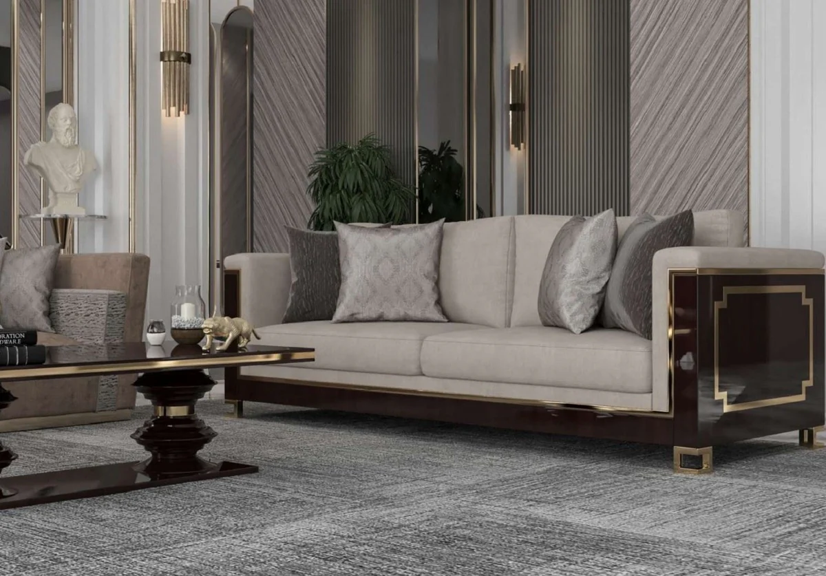 Casa Padrino sof¨¢ Art Deco de lujo gris claro / marr¨®n oscuro brillante / oro - Sof¨¢ de sal¨®n de madera maciza hecho a mano con tela de terciopelo noble - Calidad de Lujo - Muebles Art Deco