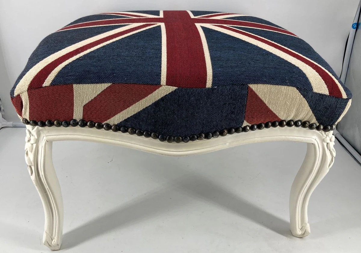 Casa Padrino taburete barroco Union Jack / blanco - Taburete XXL estilo antiguo hecho a mano con bandera inglesa - Muebles Barrocos