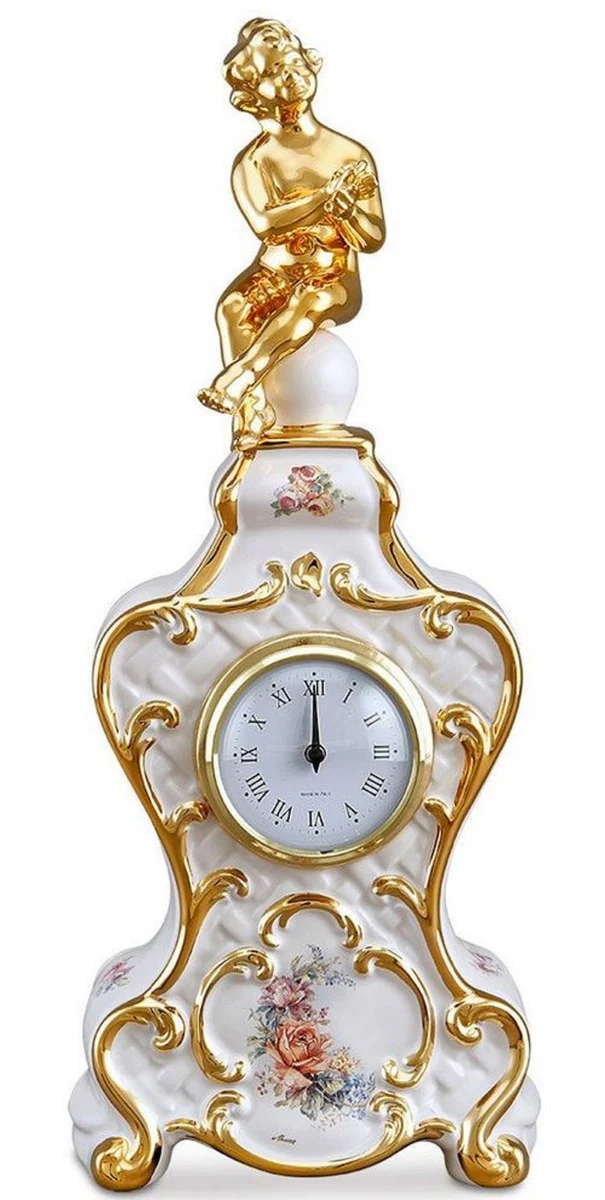 Casa Padrino reloj de mesa barroco blanco / oro / multicolor 17 x 12 x H. 40 cm - Accesorios de Decoración Barroco