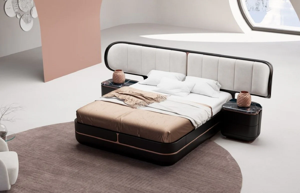 Casa Padrino Cama Doble de Lujo Gris / Negro / Cobre 330 x 215 x A. 120 cm - Cama de Madera Maciza con Cabecero Tapizado - Muebles Dormitorio - Muebles Hotel - Muebles de Lujo