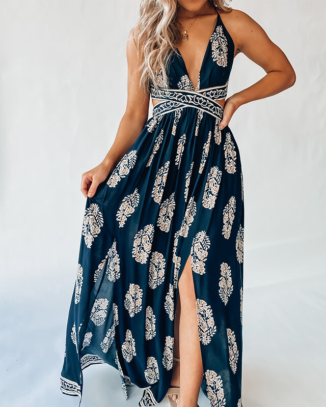 Women's Backless Sexy Slit Print Dress