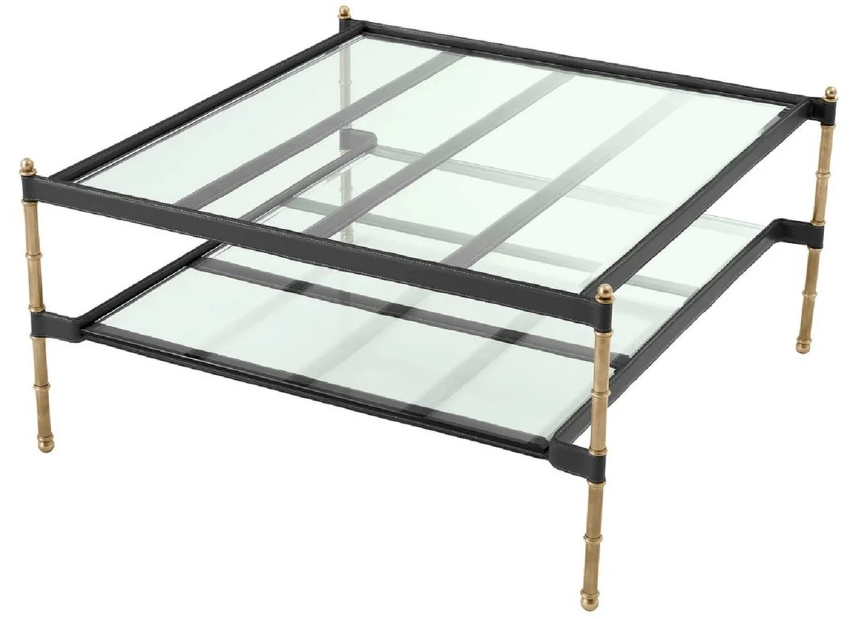 Casa Padrino mesa de centro de lujo lat¨®n vintage / negro 89 x 87,5 x A. 44 cm - Mesa de sal¨®n con tapas de vidrio y cuero genuino - Muebles de sal¨®n - Muebles de hotel - Muebles de lujo