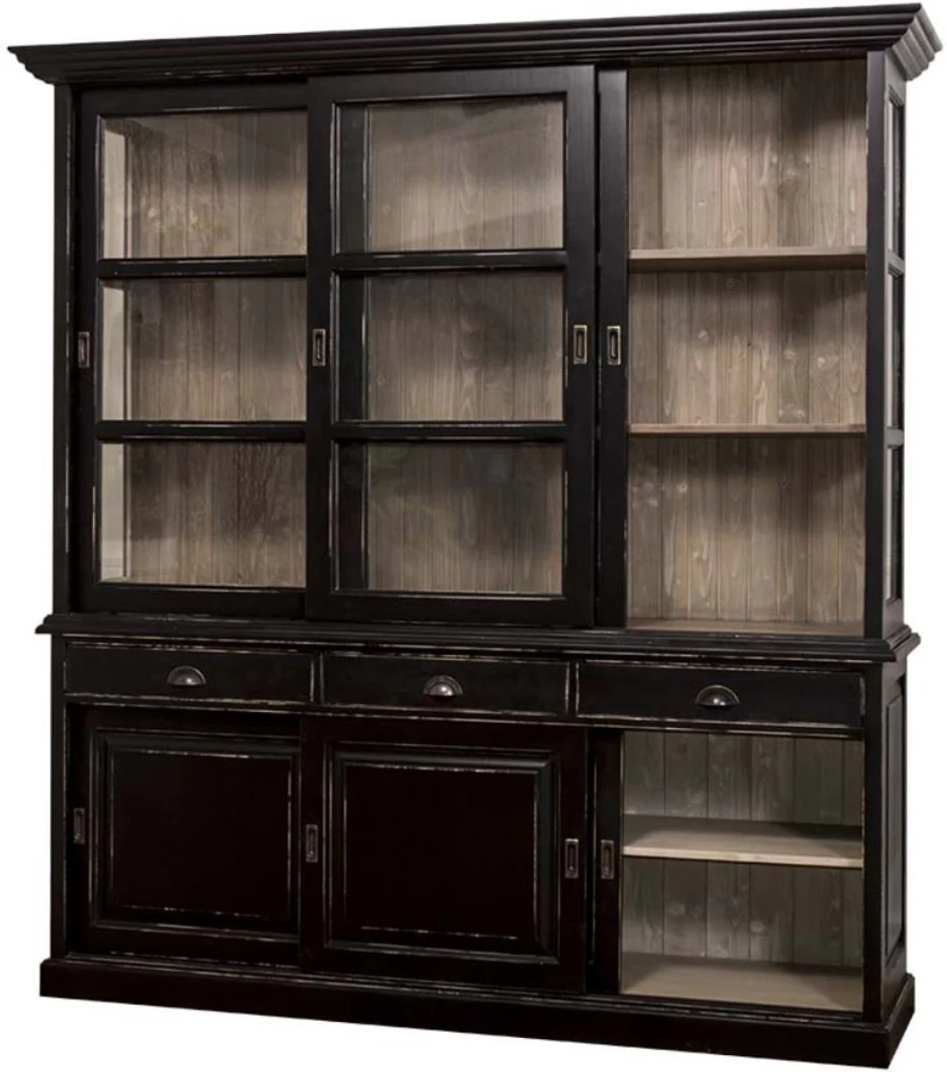 Casa Padrino Gabinete de Cocina Estilo Country negro antiguo / marr¨®n 206 x 53 x H. 219 cm - Gabinete de Cocina de 2 Piezas con 6 Puertas Corredizas y 3 Cajones