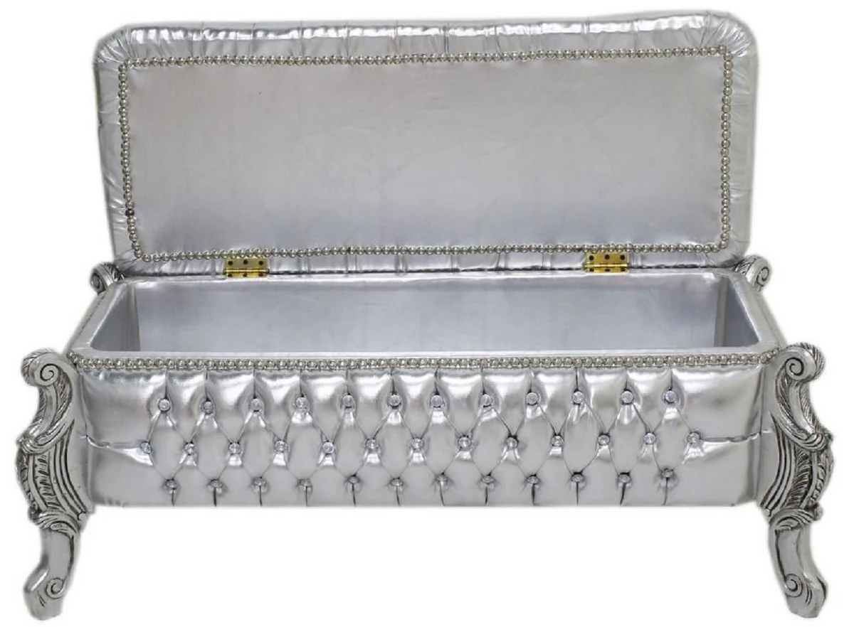 Casa Padrino banco barroco / pecho aspecto cuero plata / plata - Banco tapizado de madera maciza con pedrería - Muebles de estilo barroco