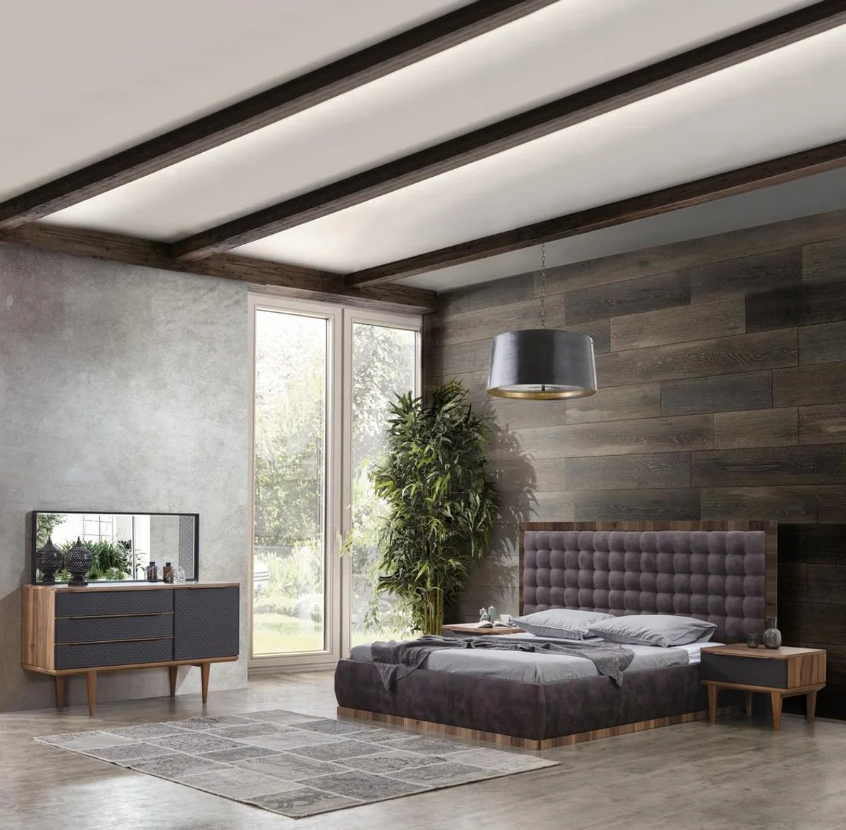 Casa Padrino conjunto de dormitorio de madera maciza de lujo gris / marrón - 1 Cama Doble con Cabecera y 2 Mesitas de Noche - Muebles de dormitorio de lujo