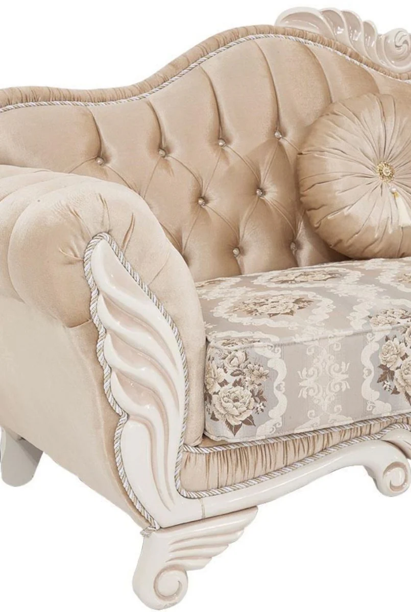 Casa Padrino sof¨¢ barroco de lujo beige / blanco 230 x 88 x A. 96 cm - Sof¨¢ de sal¨®n con dise?o floral y almohadas decorativas - Muebles Barrocos