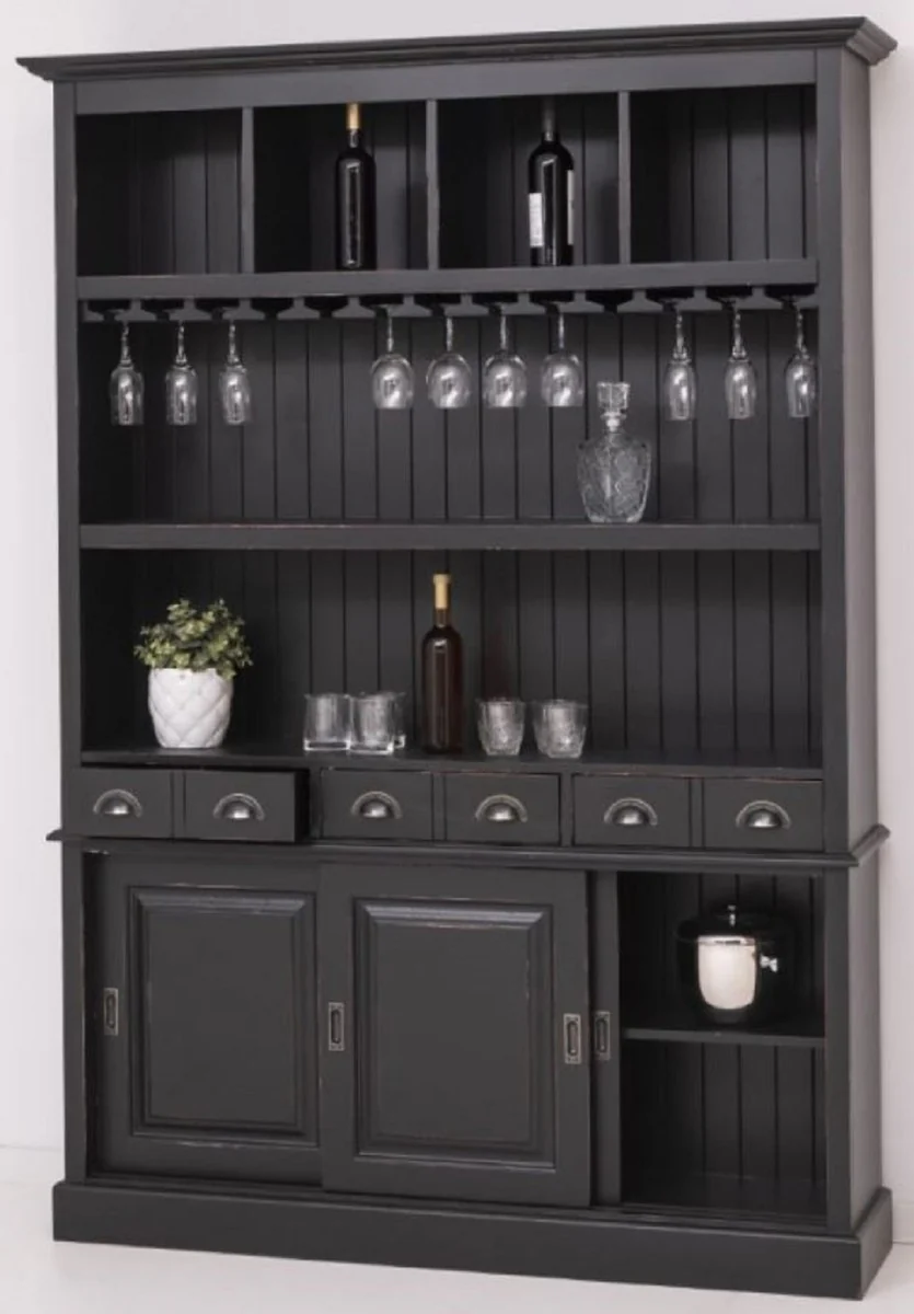 Casa Padrino armario de bar de madera maciza de estilo campestre negro antiguo 151 x 36 x A. 210 cm - Gabinete de vino de madera maciza estilo campestre - Mueble bar de estilo campestre