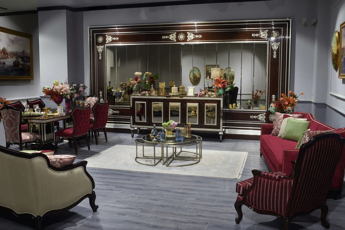 Casa Padrino conjunto de comedor barroco de lujo rojo burdeos / marr¨®n oscuro / plata - 1 Mesa de Comedor y 6 Sillas de Comedor - Muebles de comedor de estilo barroco - Noble y Magn¨ªfica