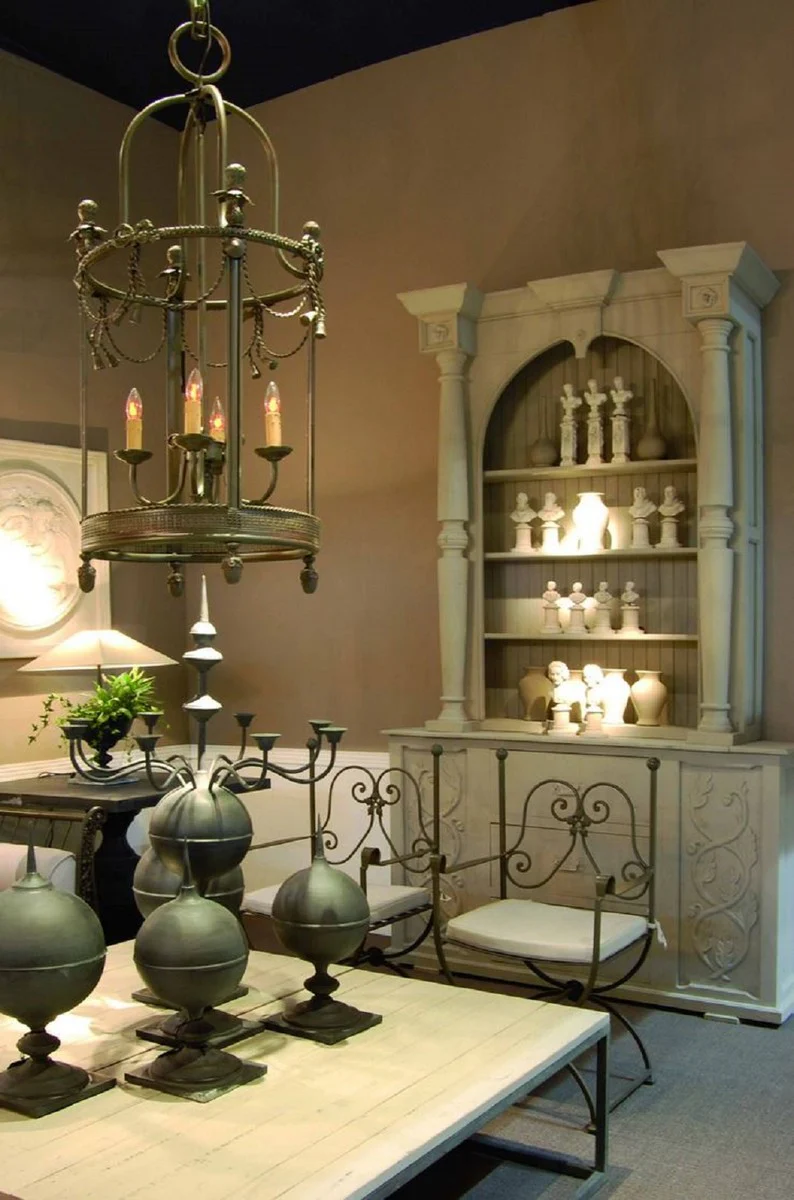 Casa Padrino silla de jardín Art Nouveau de lujo con reposabrazos y cojin de asiento marrón / blanco 60 x 44 x A. 97 cm - Silla de comedor forjada a mano - Muebles de Comedor de Jardín de Patio