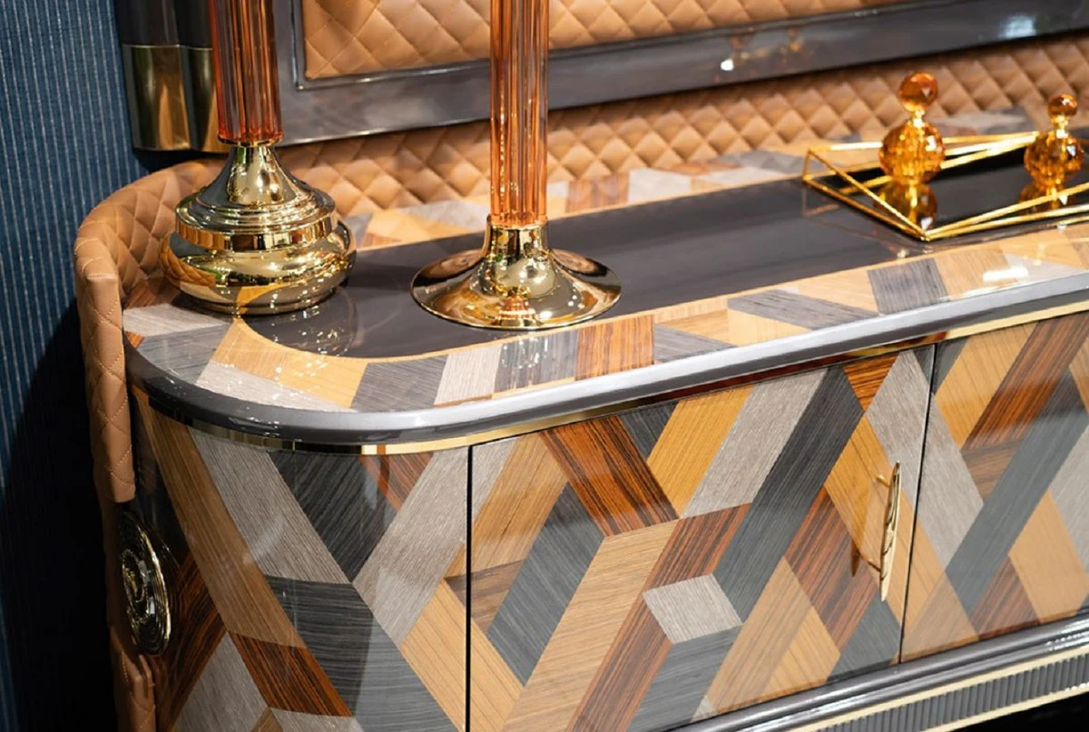 Casa Padrino conjunto de TV Art Deco de lujo multicolor / marr¨®n / gris / oro - Aparador de sal¨®n de madera maciza con pared trasera de TV - Muebles de sal¨®n Art Deco de lujo