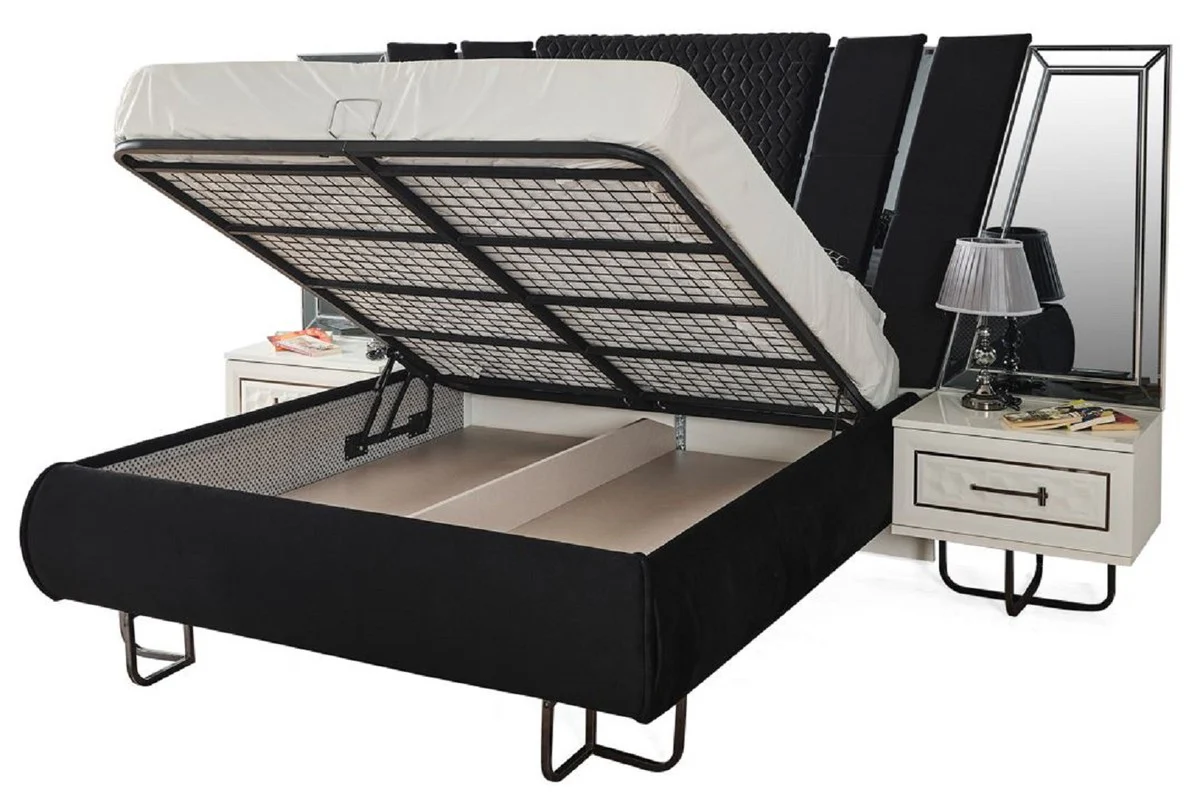 Casa Padrino Conjunto de Dormitorio Art Deco de Lujo Negro / Blanco / Bronce - 1 Cama Matrimonial con Cabecero y 2 Mesitas de Noche - Muebles de Dormitorio - Muebles Art Deco - Muebles de Lujo