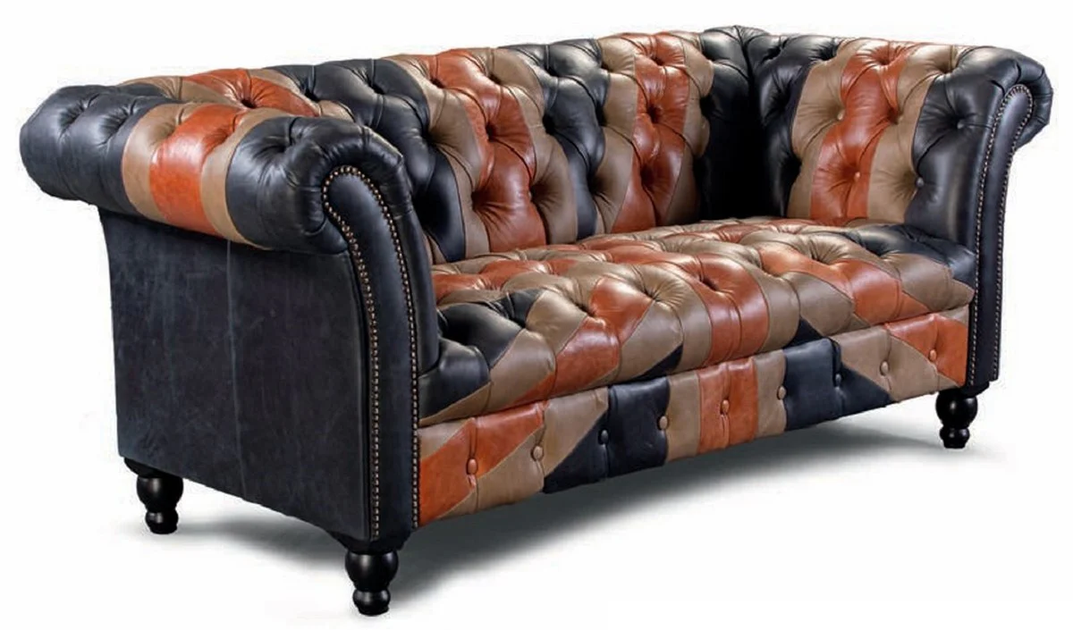 Casa Padrino sof¨¢ Chesterfield de lujo de 3 plazas de cuero genuino azul / marr¨®n / negro 235 cm